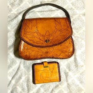 Handmade genuine leather hand bag purse w/ wallet